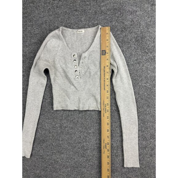 Garage Shirt Womens Small Gray Ribbed Henley Long Sleeve Cropped Snap Button - Picture 3 of 6